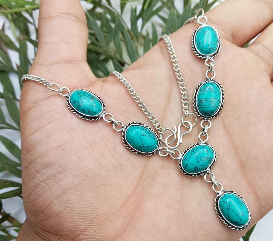 Turquoise Gemstone 925 Sterling Silver Plated Unisex Fashion Necklace SH-64