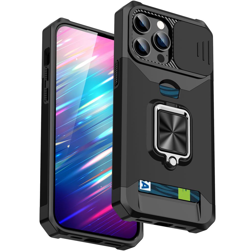 For iPhone 15 Pro Case Anti-scratch PC+TPU Kickstand Phone Back Cover with Slide Lens Protector