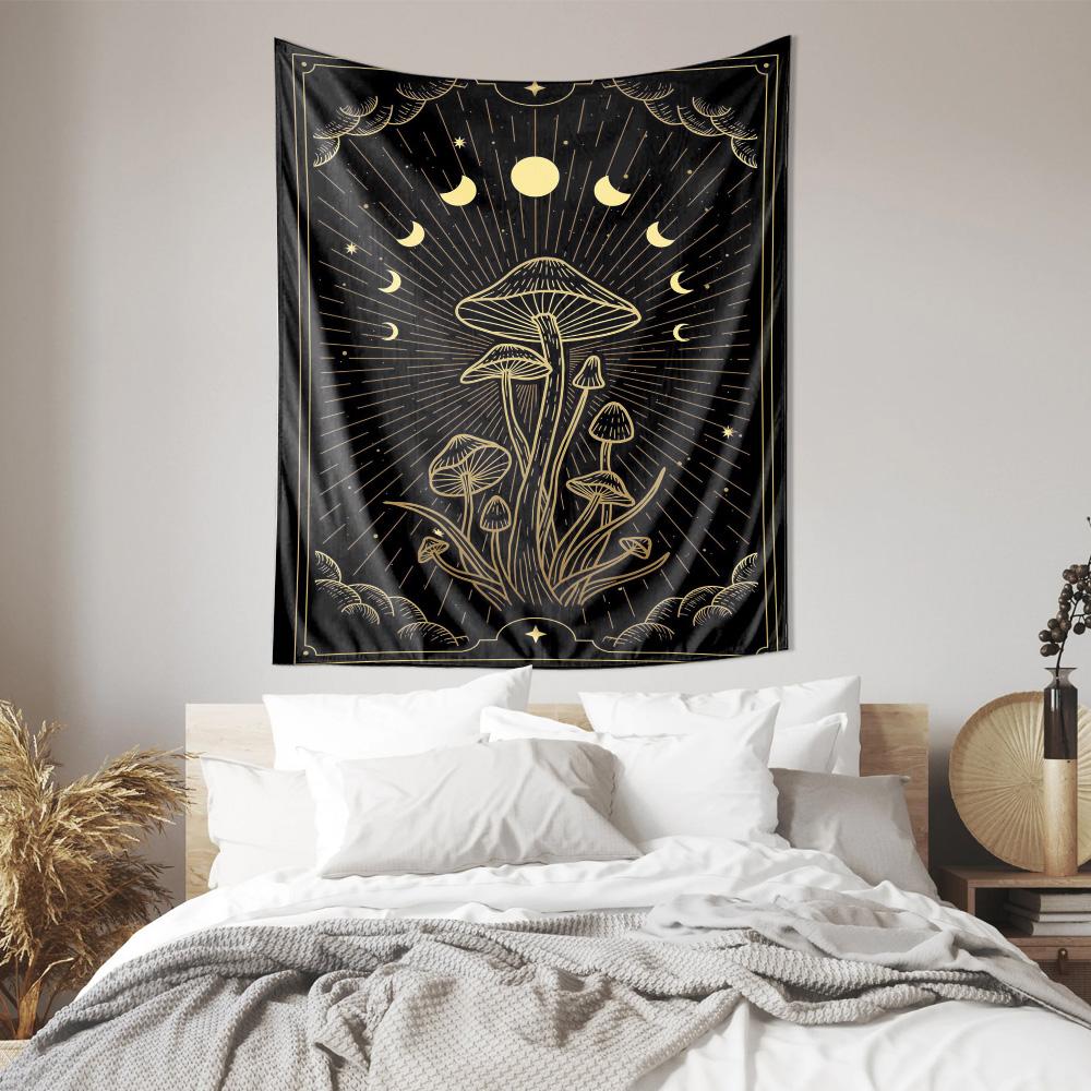 Black and Gold Psychedelic Moon Mushroom Wall Hanging Decor Fabric Tapestry