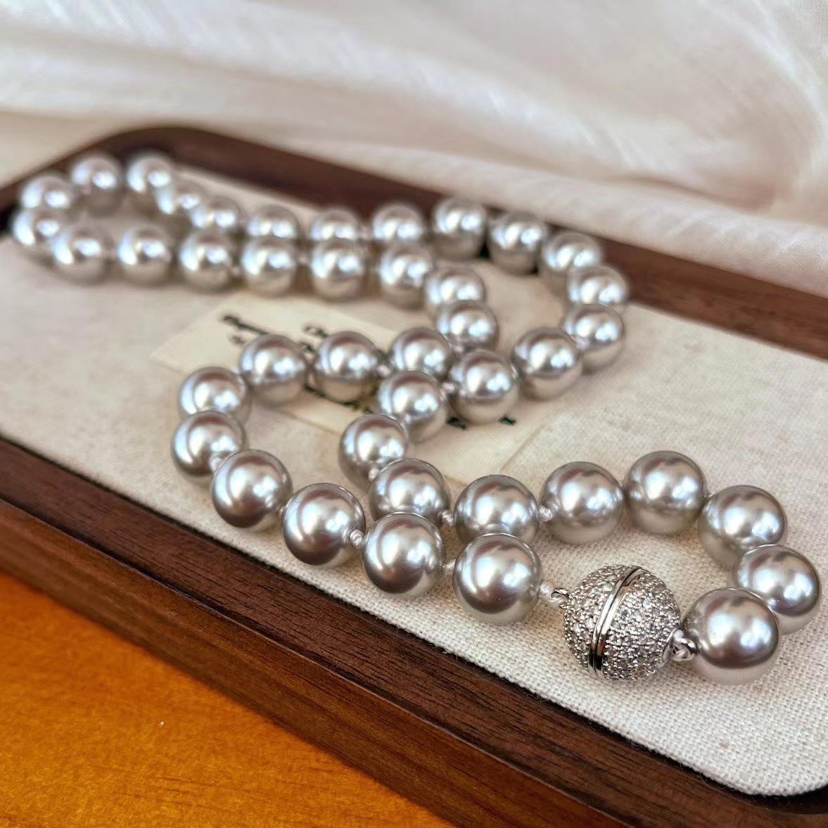 Vintage 10Mm616 Platinum Gray Real Multi-Hemp Shijia Round Pearl Necklace Knotted Diamond Ball Buckle