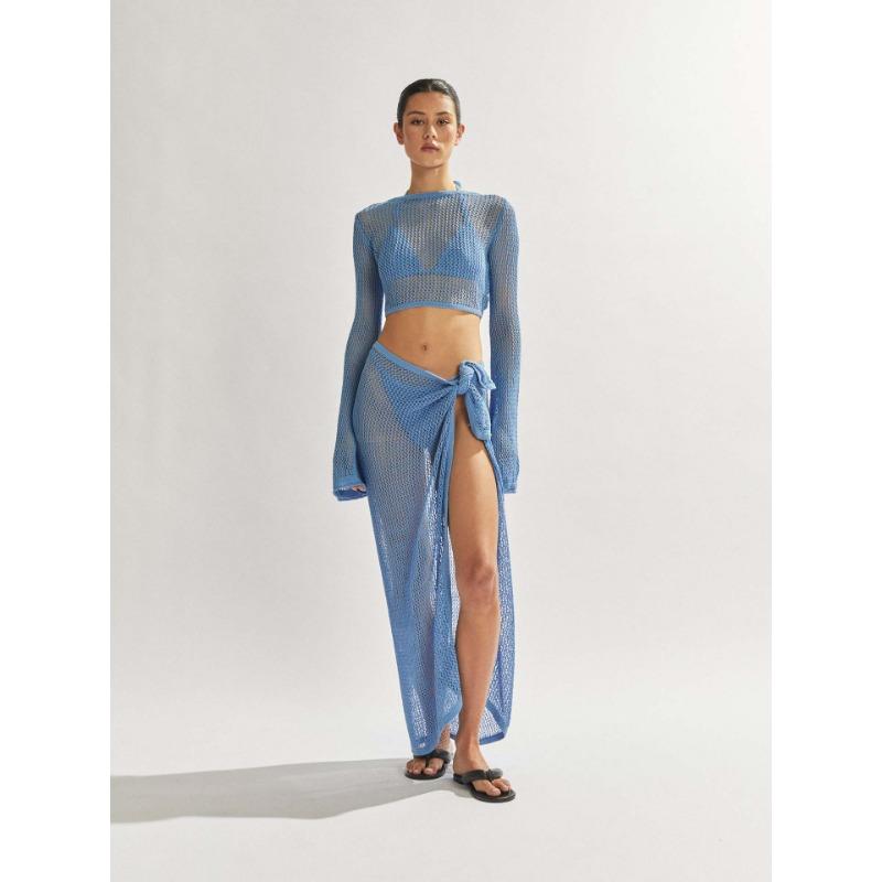 Damen Sexy Anzug Sommer Neu Durchsichtig Kurz Rückenfrei Langärmeliges Oberteil Hoch Offener Schlitz Halbkörper Langer Rock Strickware