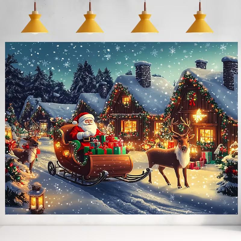 2D Frohe Weihnachten Verschneite Hütte Weihnachtsmann Schlitten Kulisse Feiertagsporträt Foto Hintergrund