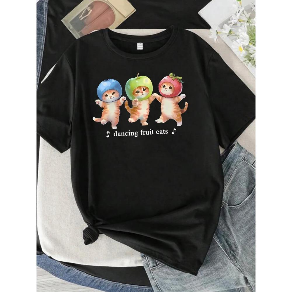 

DANCING FRUIT CATS letter pattern round neck plus size women T-shirt short sleeve trend printing elastic half sleeve T-shirt XXXXXL чёрный