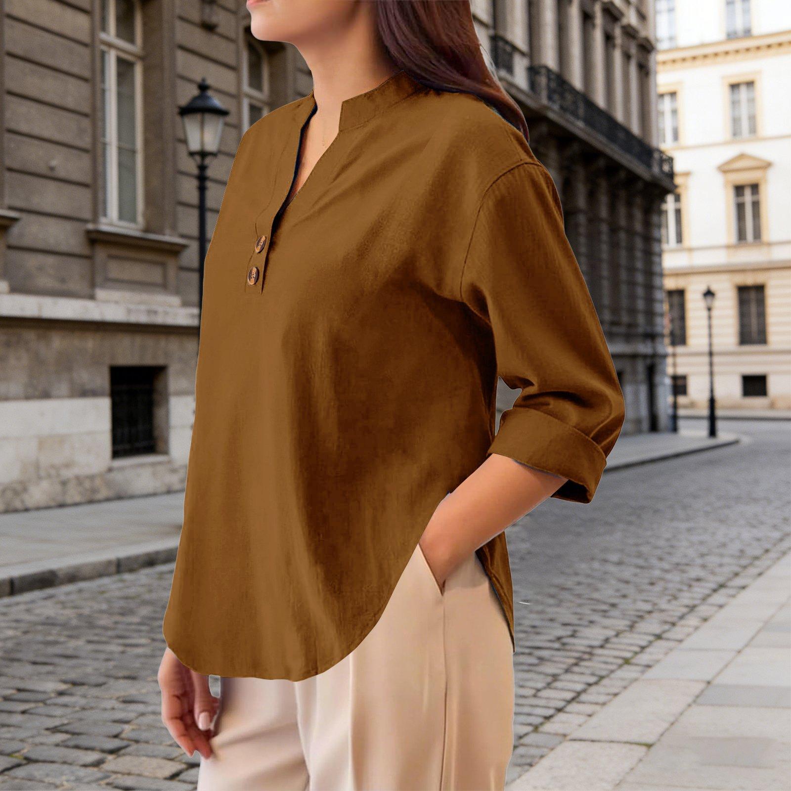 

Women’s Long Sleeve Cotton Linen Blouse with Split Neck and Button Loose Fit Tunic Top for Daily Wear Office Casual XL кавовий