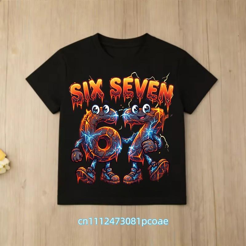 summer short sleeve, cartoon print 2026 personalized digital 67 T-shirt for boys and girls, family style, casual top