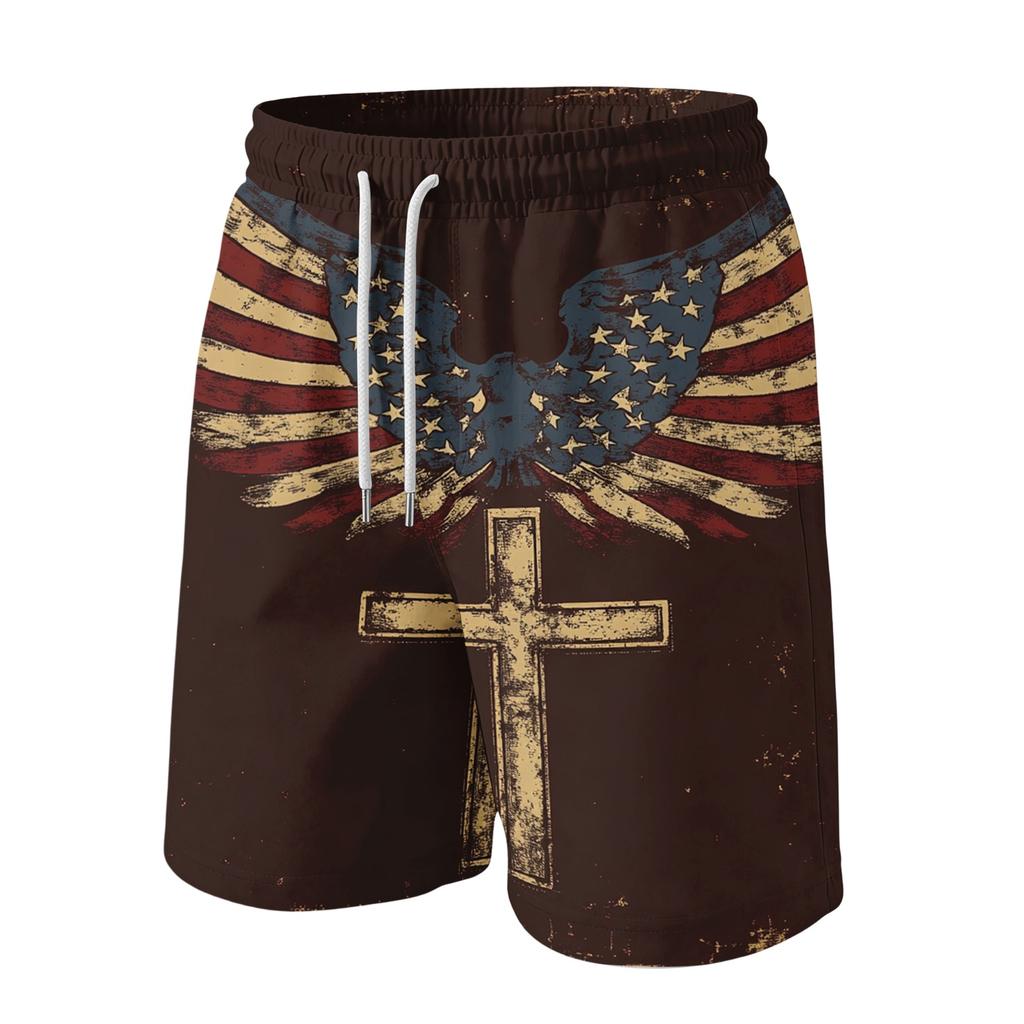 Men's Independence Day Print Drawstring Shorts - Elastic Waist Casual Summer Beach Shorts