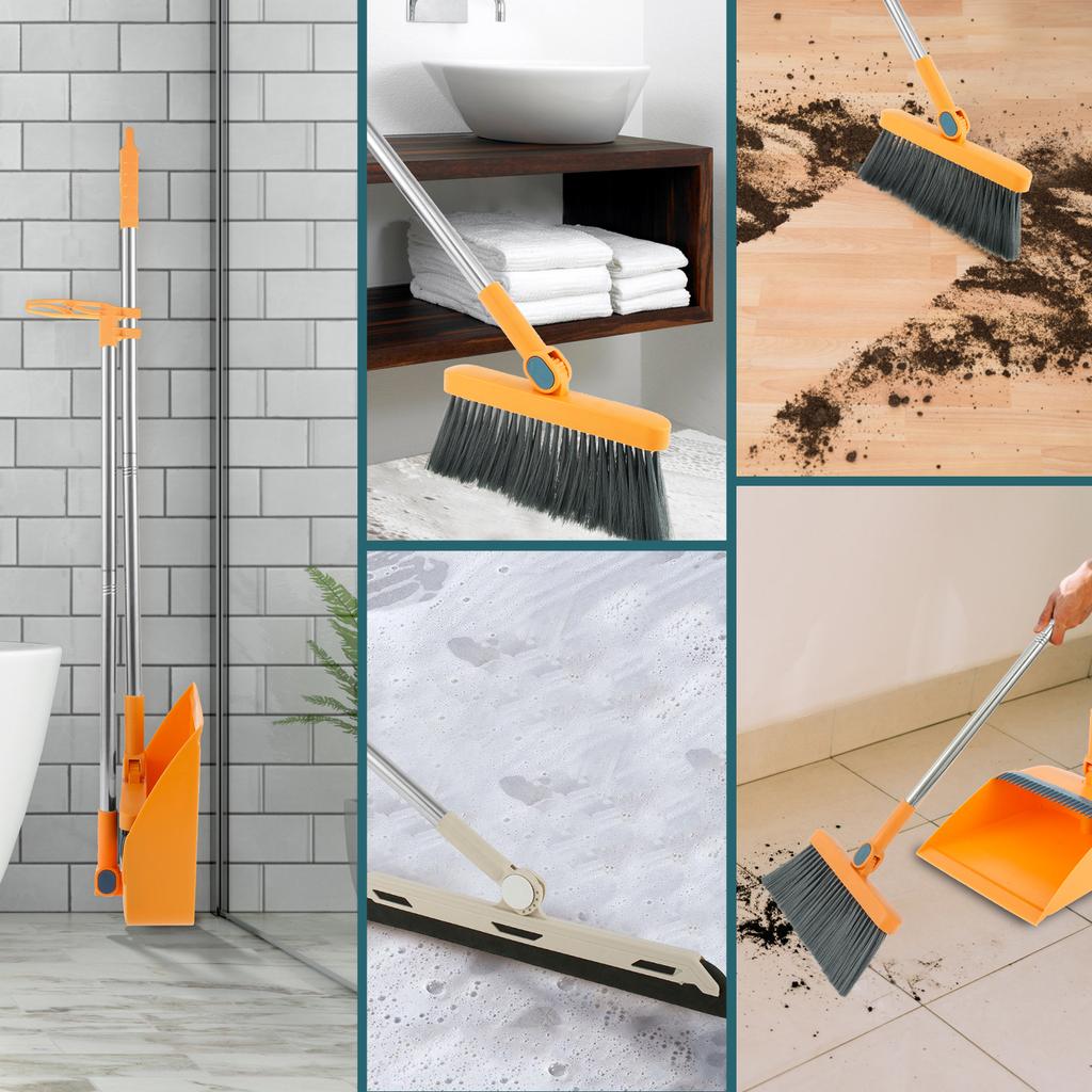 3Pcs Household Broom And Dustpan Set 180° Rotating Floor Sweeping Set with Long Handle Foldable Stand Dustpan and Broom Combo