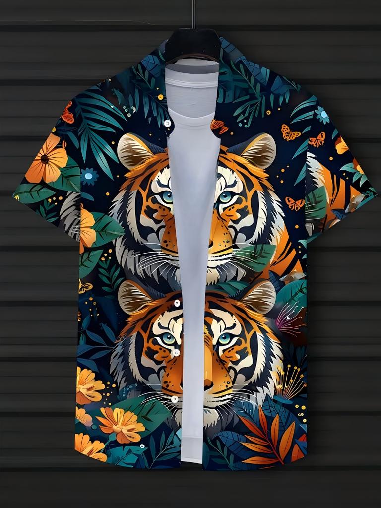 Tiger Pattern, Digital Printing, Fashion Trend, Street Outdoor, High-Quality and Comfortable Men's Short-Sleeved Casual Shirt
