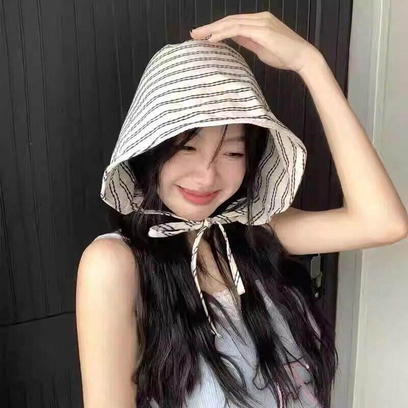 New Summer Women'S Striped Bucket Hat Japanese Style Wide Brim Sun Protection Hat Versatile Sun Hat