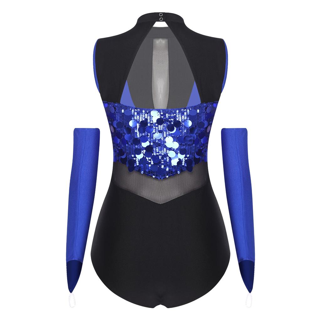 Women Shiny Sequin Leotard Gymnastics Dance Performance Outfit Mock Neck Sleeveless Sheer Mesh Waist Cutout Back Bodysuit