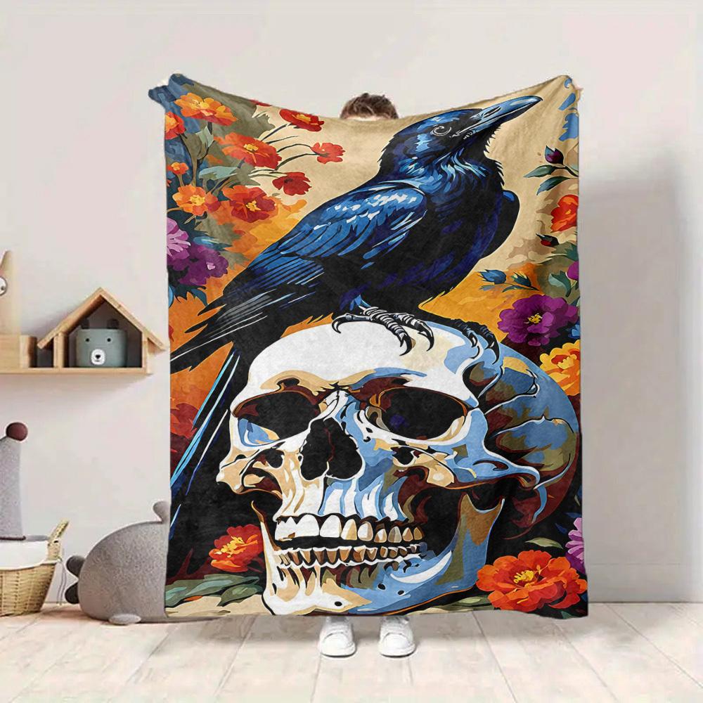 1pc Skull Raven Lightweight Flannel Blanket, Comfortable and Warm Blanket, for Office and Camping Sofa Bed, Livingroom132