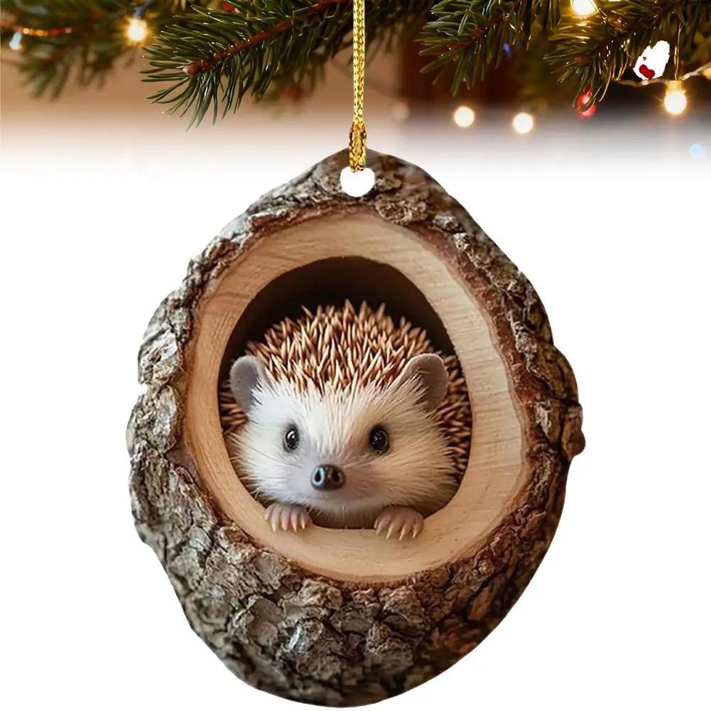 Cute Animal Christmas Ornament 2D Nimal Raccoon Owl Ornaments Car Bunny Decoration Squirrel Hedgehog Wildlife Bird Hanging E6U3
