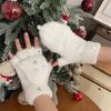 Half Finger Screentouch Gloves with Star Decors Soft Rex Rabbit Furs Short Gloves for Students Girl Winter Daily Wear