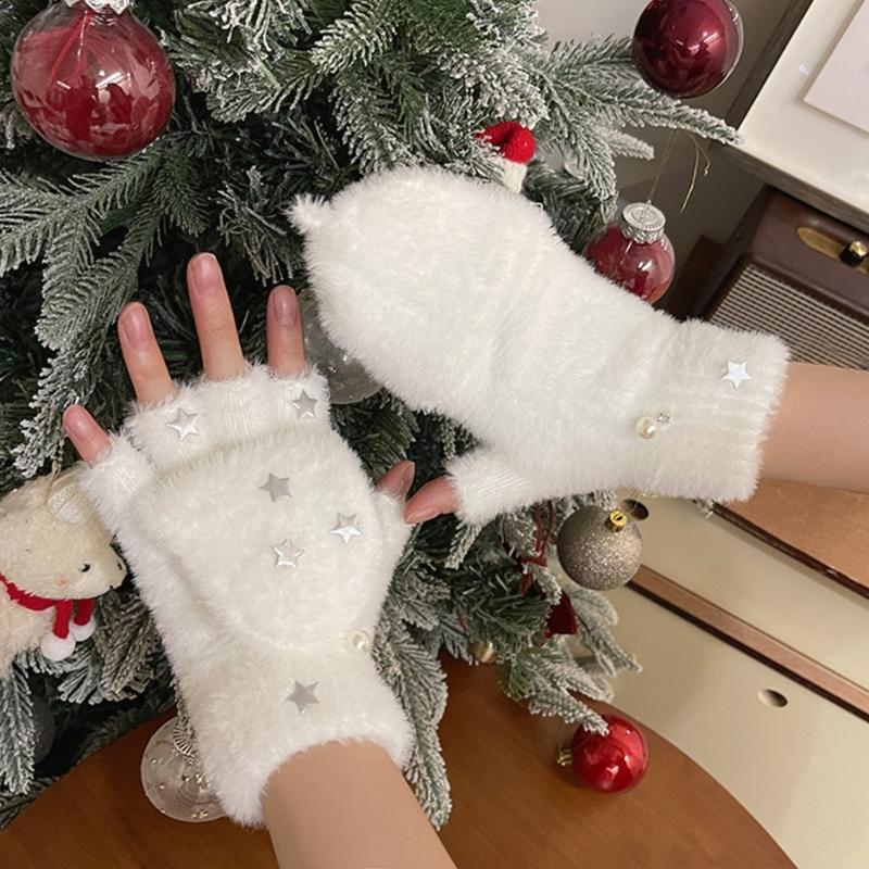 Half Finger Screentouch Gloves with Star Decors Soft Rex Rabbit Furs Short Gloves for Students Girl Winter Daily Wear