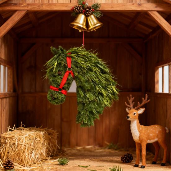 Horse Head Wreath Rustic Farmhouse Equestrian Door Decor Artificial Horse-Shaped Wreath with Red Ribbon for Front Door Wall Window Holiday Decor