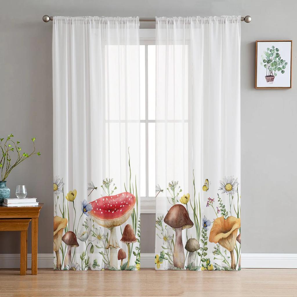 Mushroom Plant Vintage Sheer Drapes for Bedroom Living Room Decoration Window Curtain for Kitchen Curtain Panels
