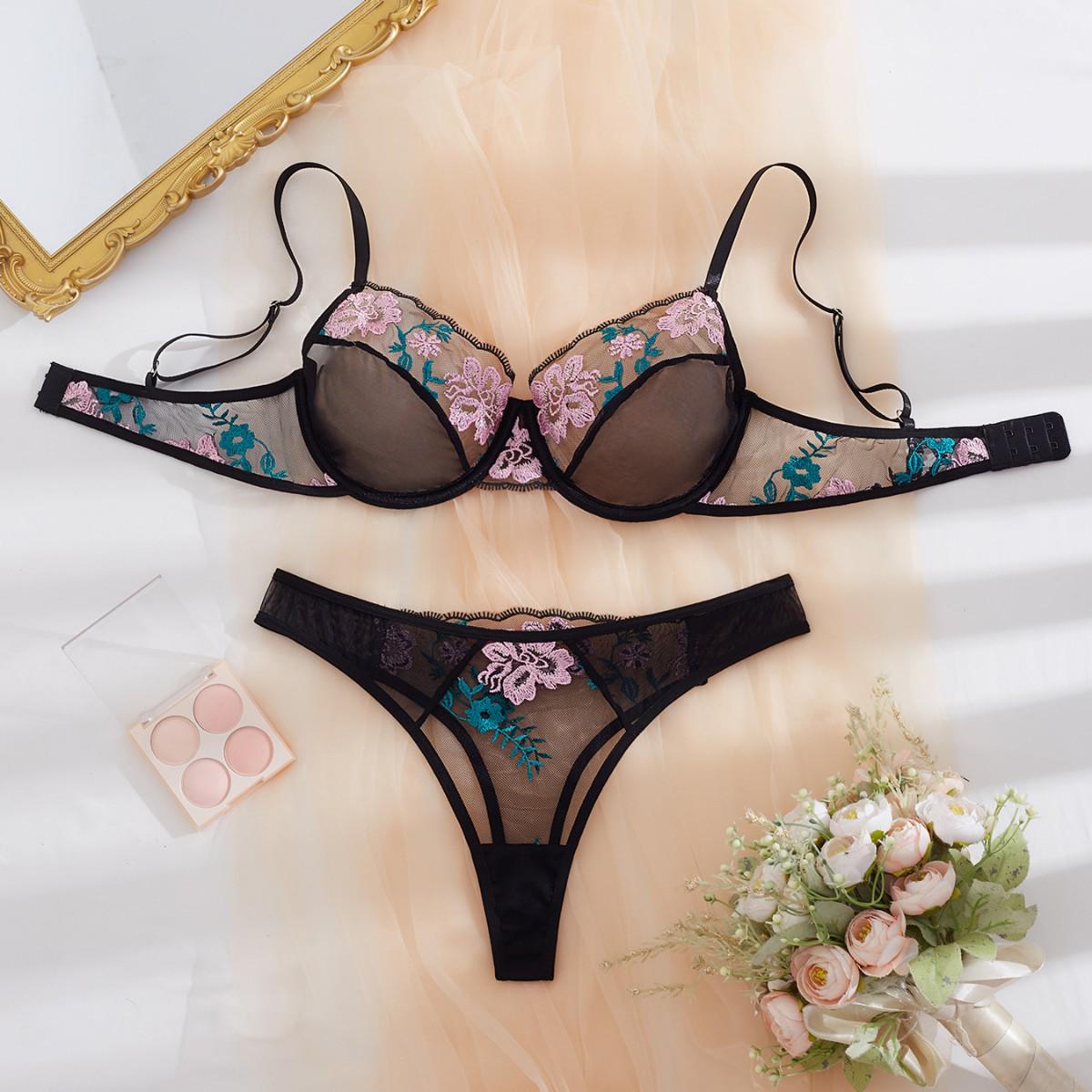 Blue Embroidered Mesh See-through Lingerie Set Large чёрный