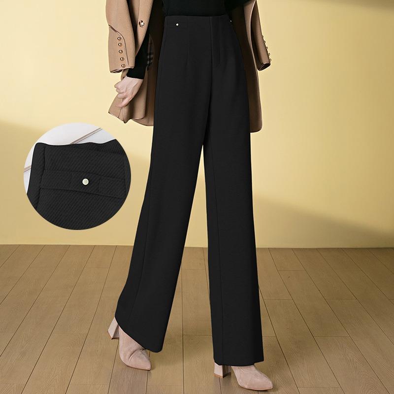 

Wool temperament high waist wide leg pants women s autumn and winter new thickened and thin drape straight pants 30 черный серый