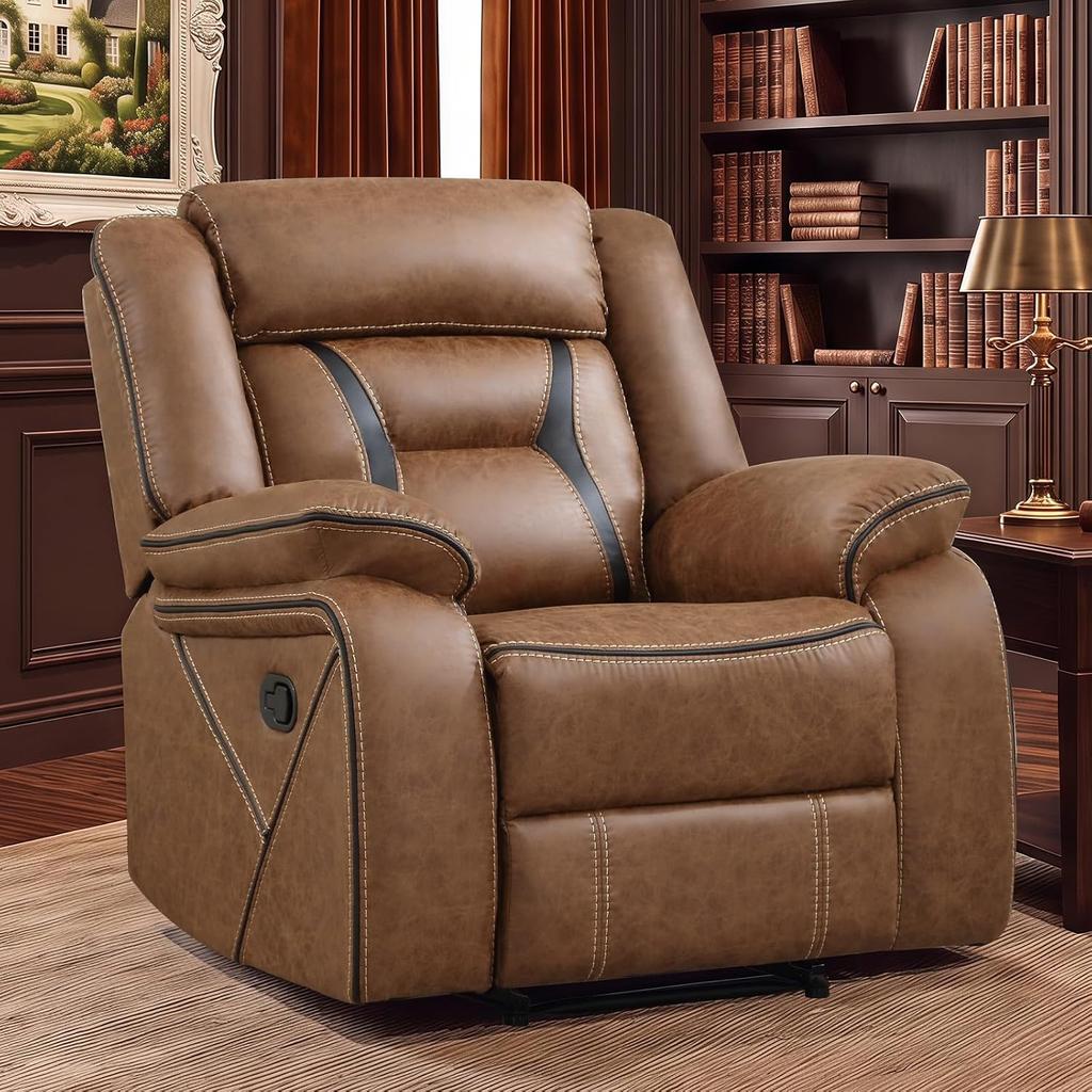 Manual Recliner Chair, Faux Leather Single Sofa with Armrest & Backrest, Living Room & Bedroom Furniture, Brown, Customized
