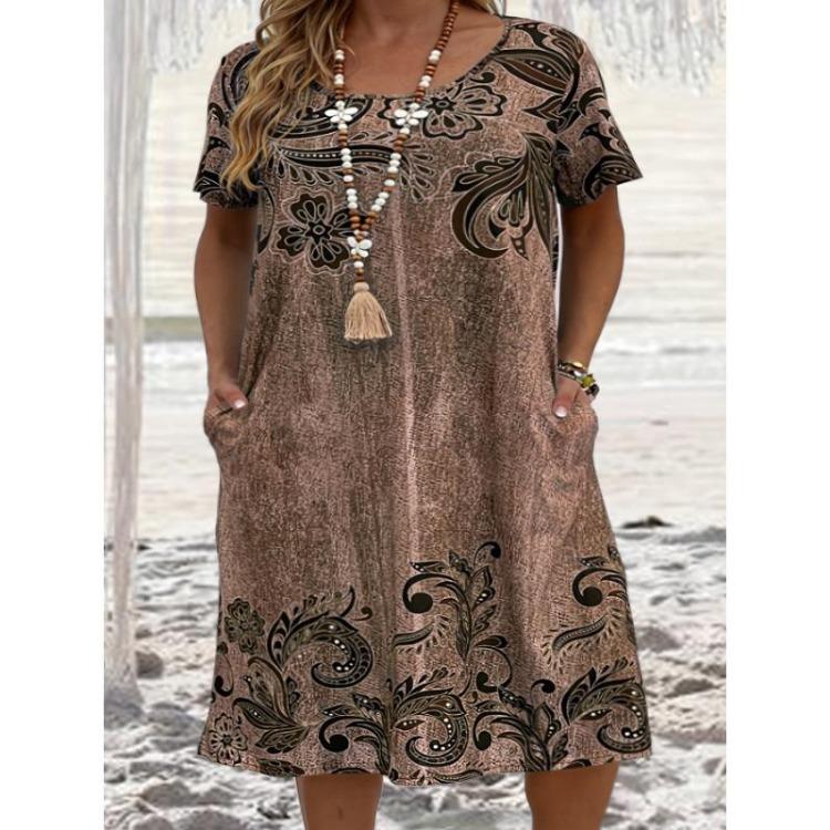 

Лето Весна Женские Повседневные Платья Большого Размера Короткий Рукав Свободная Талия Круглый Вырез Модный Принт 6XL коричневый