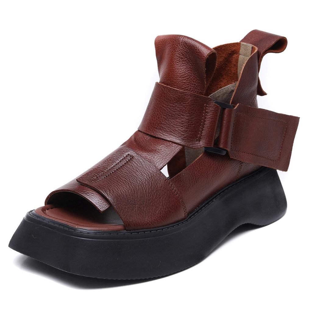 5CM Cow Genuine Leather Hook Hollow Mary Jane Sandals Summer Slippers Ankle Booties Pumps Shoes Flat Platform Wedge Women