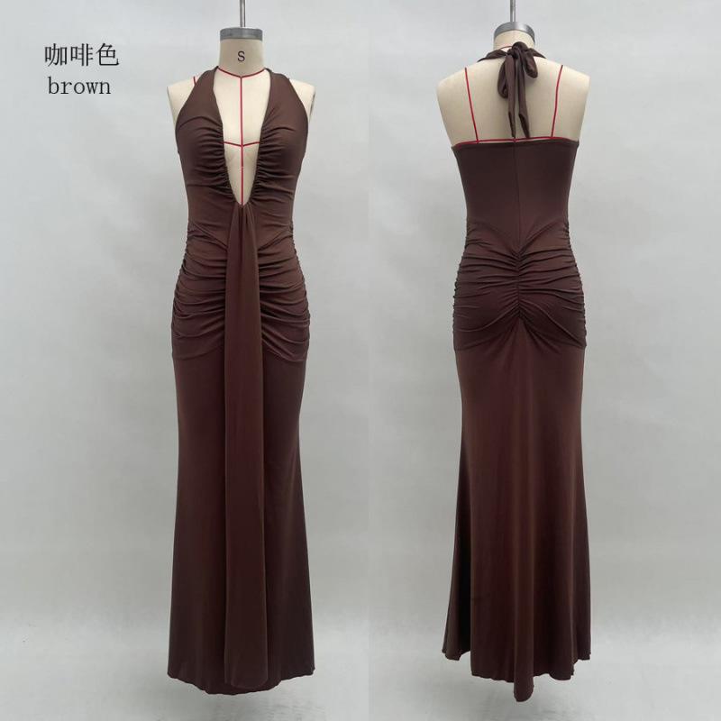 New Women's Long Dress Solid Color Elegant Neck Deep V Waist Sexy Backless Streamer Fishtail Skirt