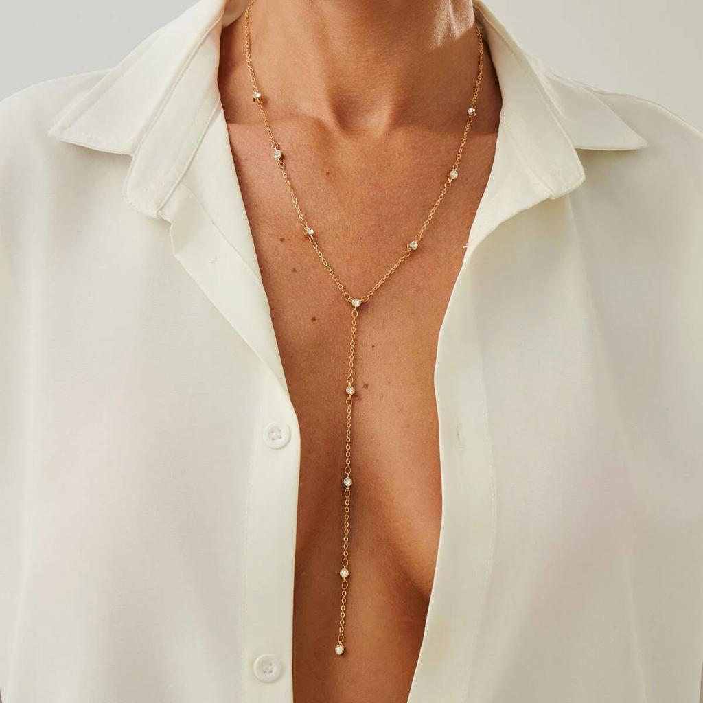 Salircon Minimalism Rhinestone Long Tassel Necklace Women Vintage Chest Thin Chain Female Adjustable Chain Party Jewelry Gifts
