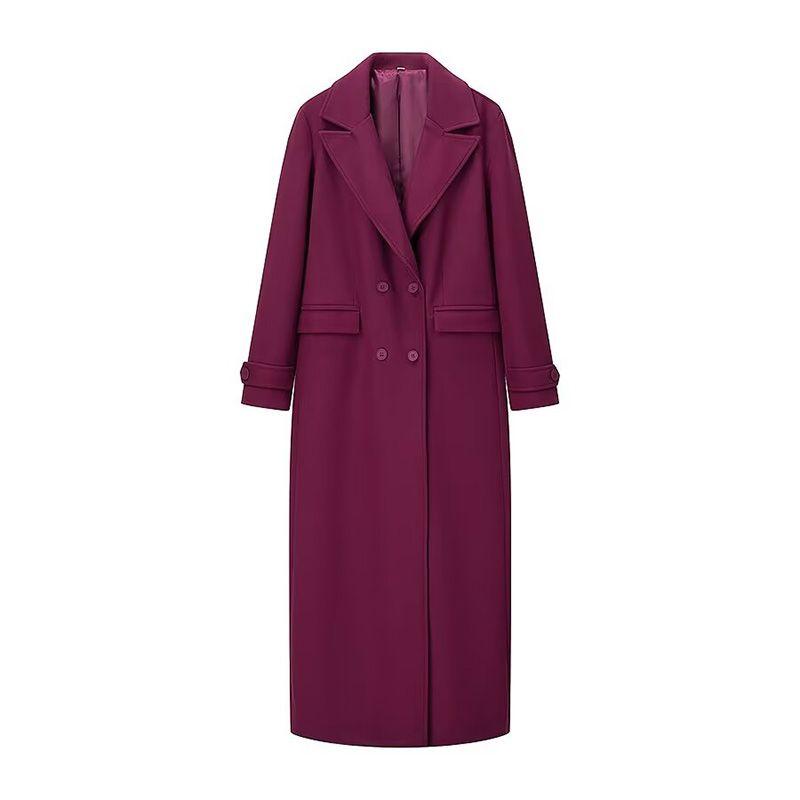 

Classy Old Qian Style French Style Temperament Retro Double Breasted Suit Lapel Long below the Knee Woolen Coat Outerwear Women Fuchsia L