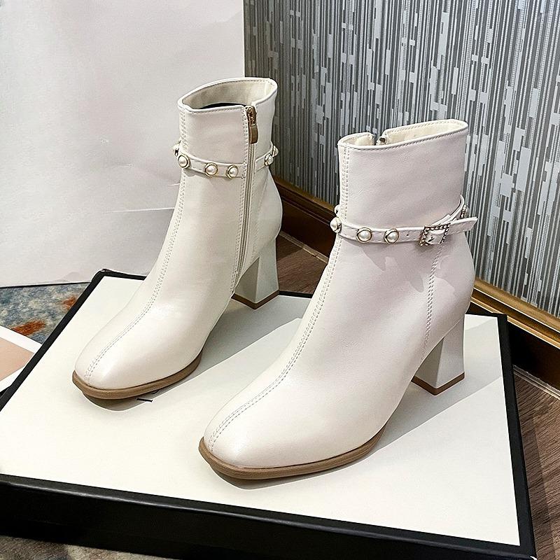 

Skinny and Niche Pearl Short Boots 2026 Fashion Celebrity Square Toe Versatile Thick Kitten Heel Women s Shoes 34 бежевый