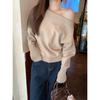 Pink gentle and sweet one-word neck slanted shoulder sweater loose bottoming shirt women's autumn and winter coat with top