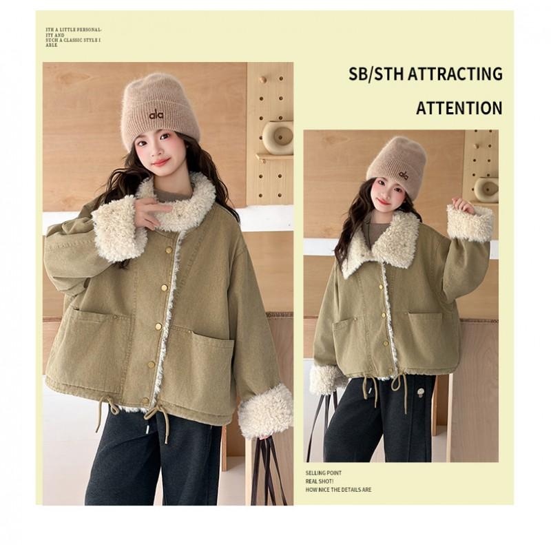 Girls Winter Padded Coat Kids Warm Fleece Lined Jacket Turn Down Collar Outerwear