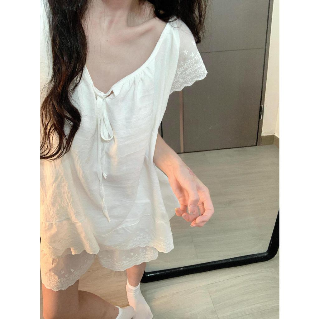 Korean design lace edge pure cotton short-sleeved pajamas women's summer comfortable shorts loungewear set can be worn outside