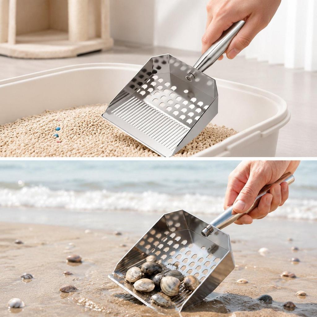 Ergonomic Sand Scoop Stainless Steel Sifting Tool Durable Beach Spade for Shell Collecting and Cat Litter Cleaning