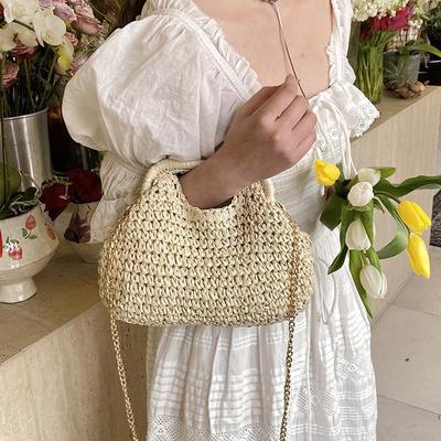 Elegante Sommer-Webkette Strohtasche Freizeit Boho Stroh Umhängetasche Strand Lässige Bucket Handtasche für Damen/Mädchen