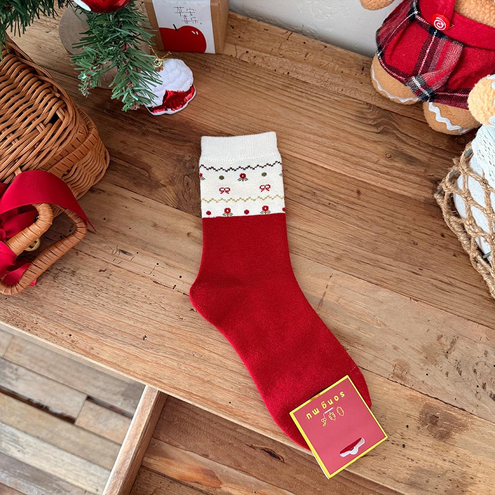 Lucky Little Dog Socks, Silk and Wool, Red Socks for Girls, Warm In Autumn and Winter, New Year, Pile Up Socks for Girls