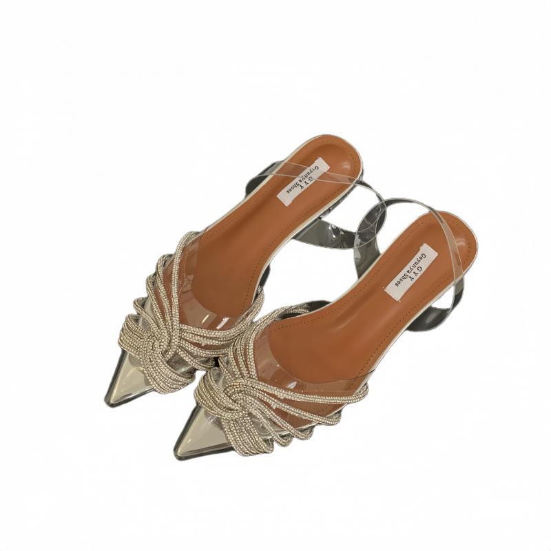 PVC transparent sandals bag head cross rhinestone thick heel shoes 25 spring and summer new pointed back empty shallow mouth banquet wedding shoes