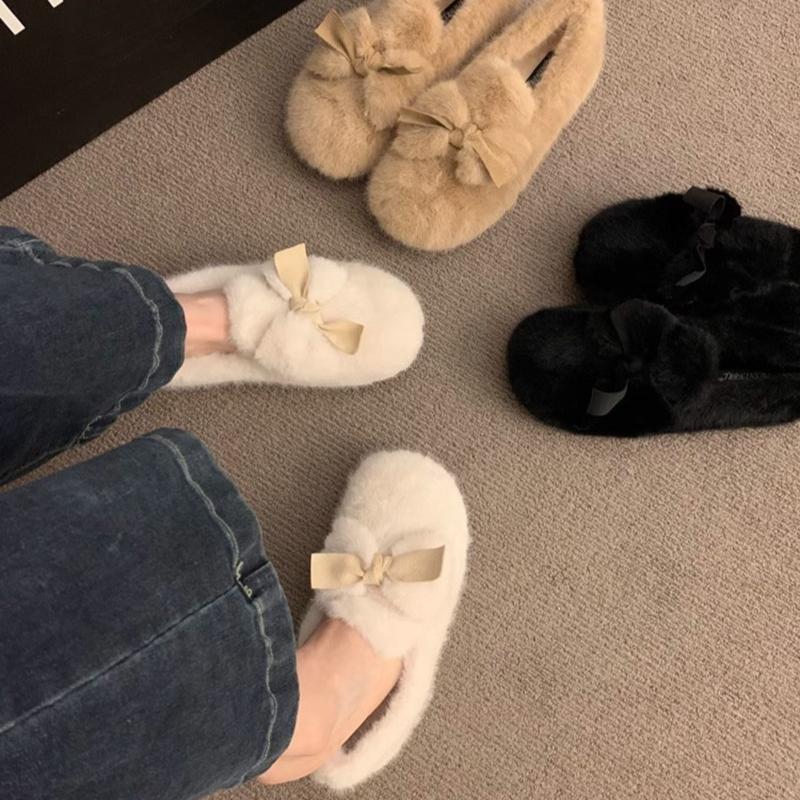 Fashion Women Furry Flats Shoes Fashion Butterfly-knot Slip on Shoes Warm Cartoon House Shoes for Winter