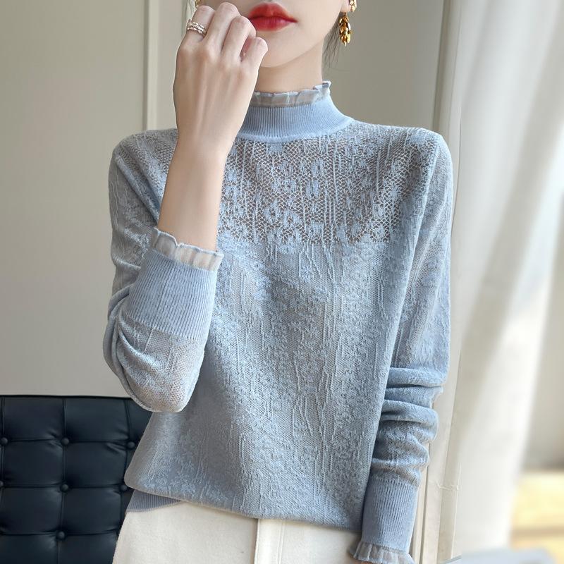 

осень зима полувысокий воротник кружево крючком милый свитер женский оборки однотонный все сочетается базовый вязаный топ L синий