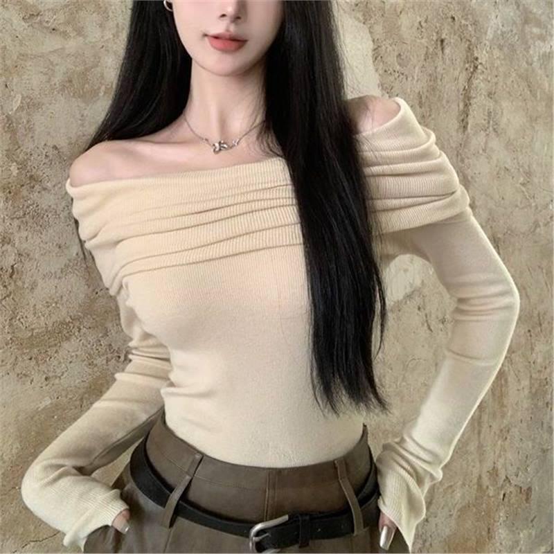 

Элегантный вязаный свитер на одно плечо: Приталенный крой, Длинный рукав, Весенний стиль One Size