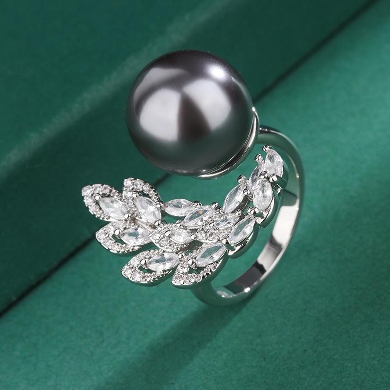 New Product Explosion Exquisite Temperament Pearl Index Finger Ring Women's White Yellow Gray Bead Inlaid Pearl Ring