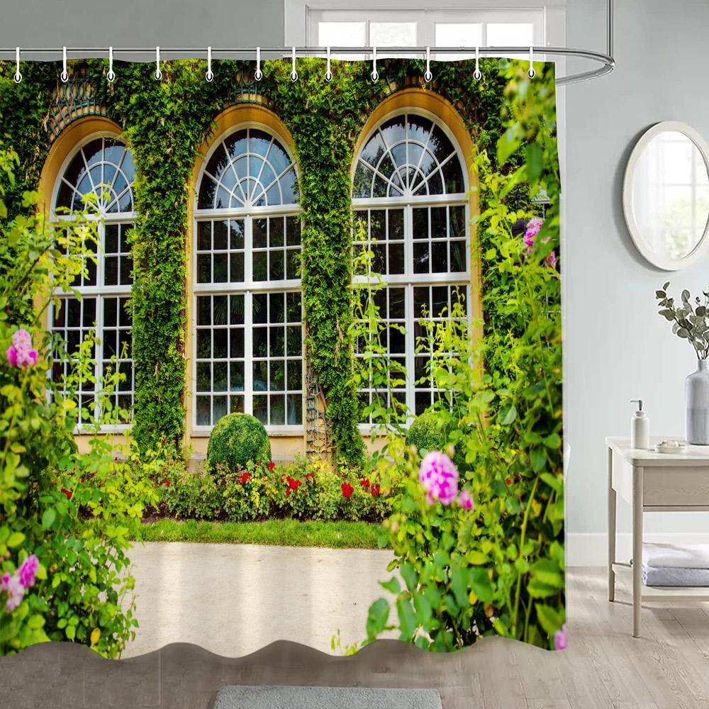 Garden Flowers Scenery Shower Curtains Natural Rustic Pink Floral Plant Modern Wall Hanging Polyester Bathroom Curtain Decor Set