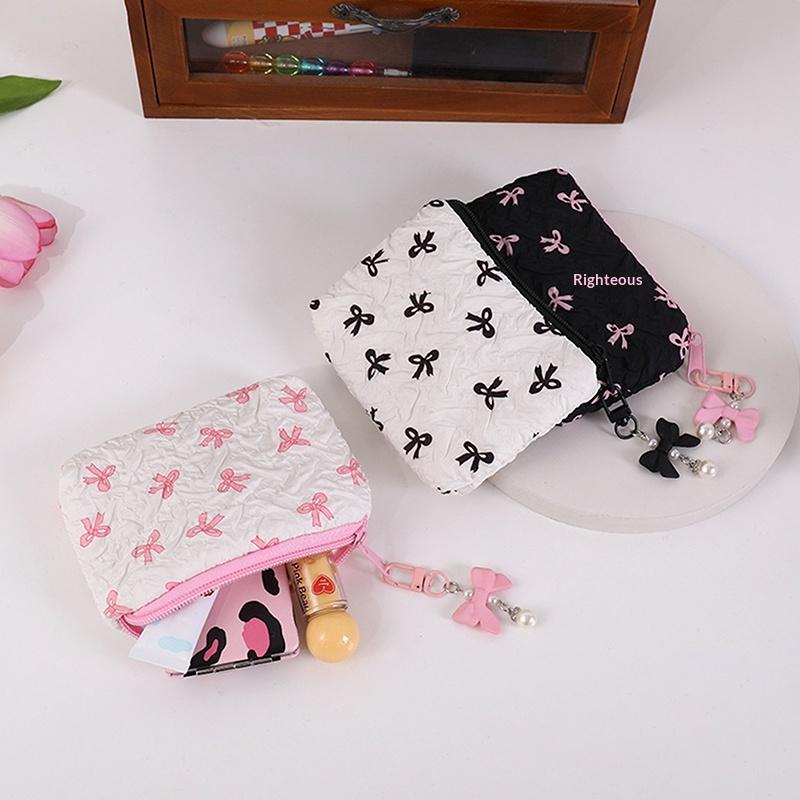 Bolsa de Maquillaje de Tela con Lazo Adorable, Neceser Cosmético para Mujer, Portátil para Pintalabios Auriculares Organizador de Viaje Pequeño Bolso de Mano