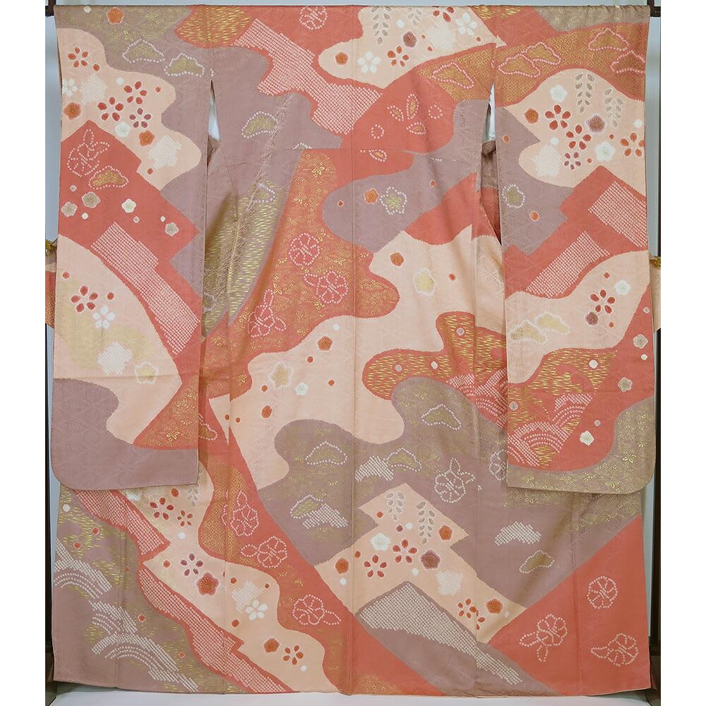 

[Used] Good condition, crested silk, shibori, long-sleeved kimono, pink