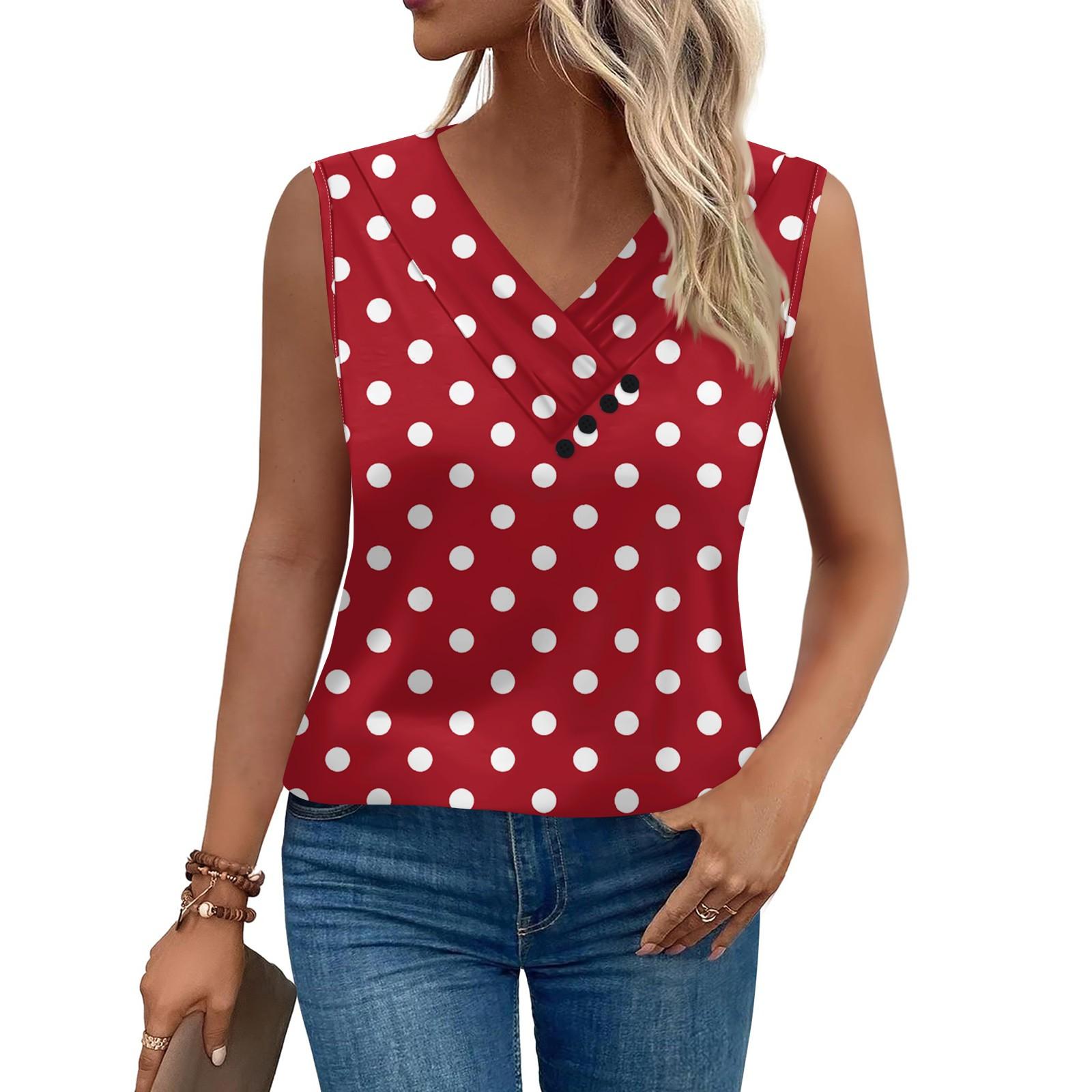 

Women s Striped, Polka Dot Print Vest Summer Button-down V-neck T-shirt Sleeveless Loose Fashion Top M червоний