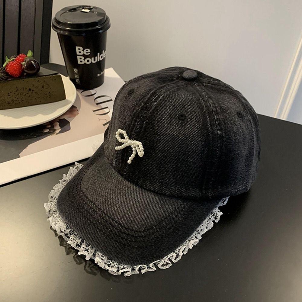 Pearl Bowknot Baseball Hat Lace Denim Hat Versatile Peaked Cap  Outdoor