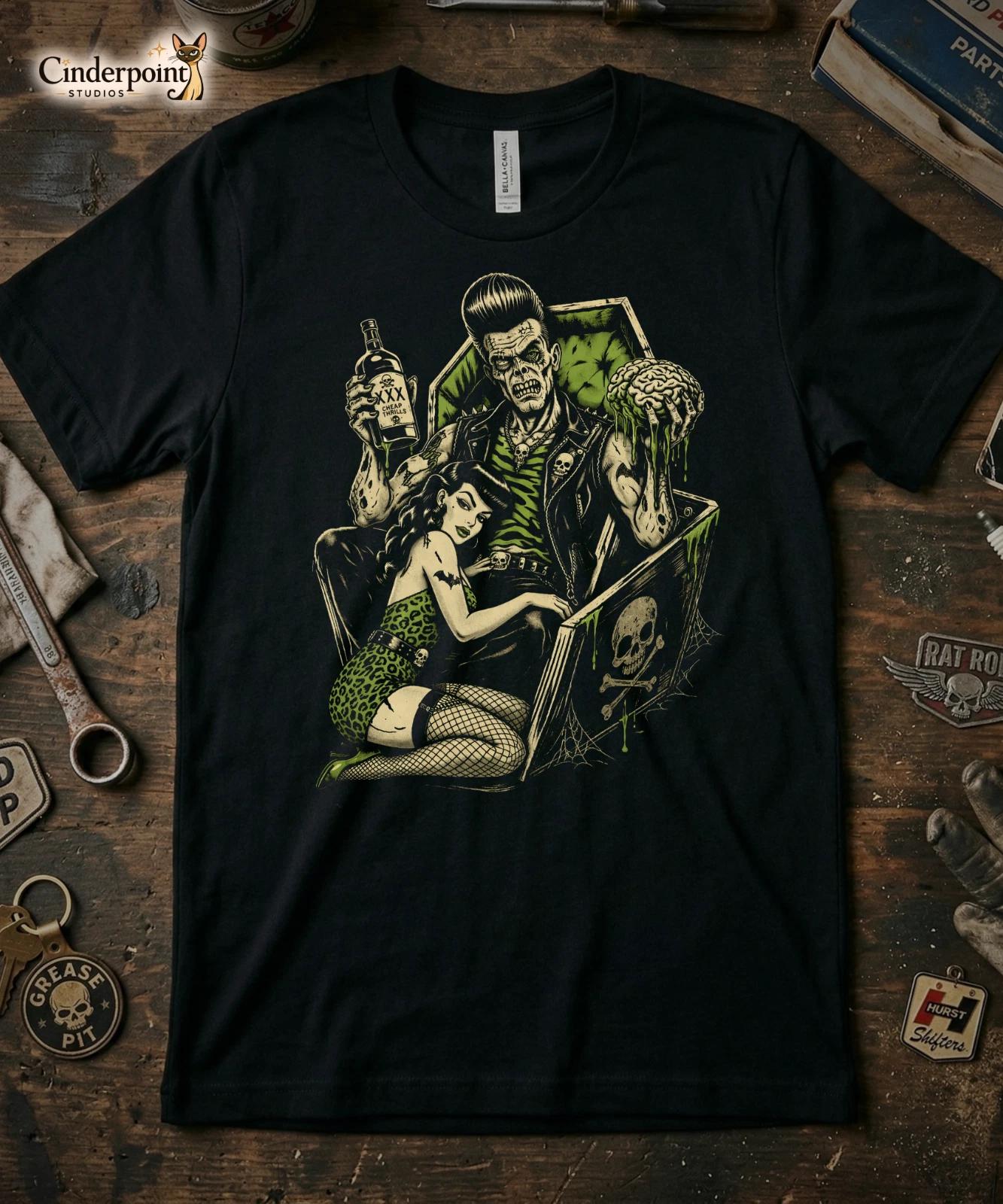 

Cheap Thrills T-shirt - Retro Horror Punk Poster Girl and Zombie Rock T-shirt Printed T-shirt for Men and Women Casual Street... S разноцветный