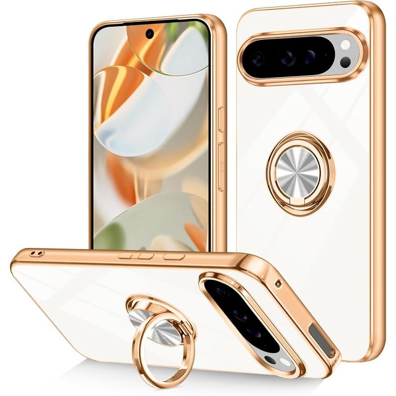 

Fashion Slim Soft TPU Gold Plated Phone Cover For Google Pixel 10 9 8 Pro XL Car Magnetic Ring Stand Solid Color Protective Case Google Pixel 10 белый