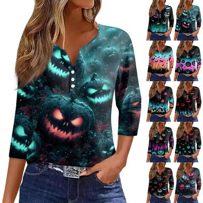 Damska Koszulka T-shirt Halloween Nadruk Guzik Rękaw 3/4 Tunika Codzienny Weekendowy Moda Podstawowy Dekolt V Regularny Top