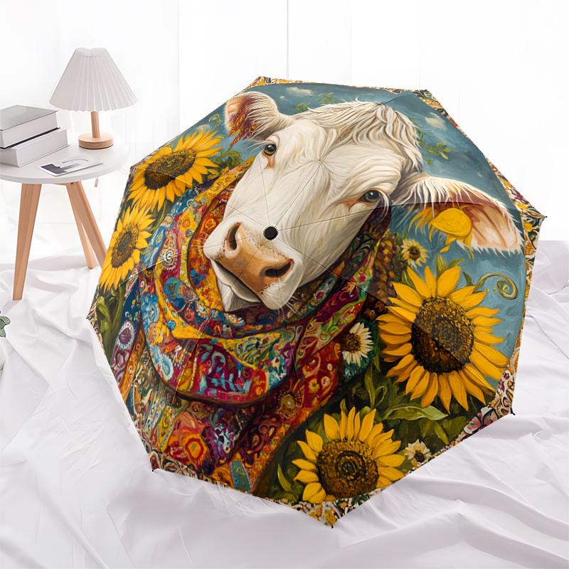 1 PC Automatic Folding Umbrella - Cow with Sunflowers Pattern, Portable & Foldable Design with 8 Ribs, Christmas Birthday Gifts