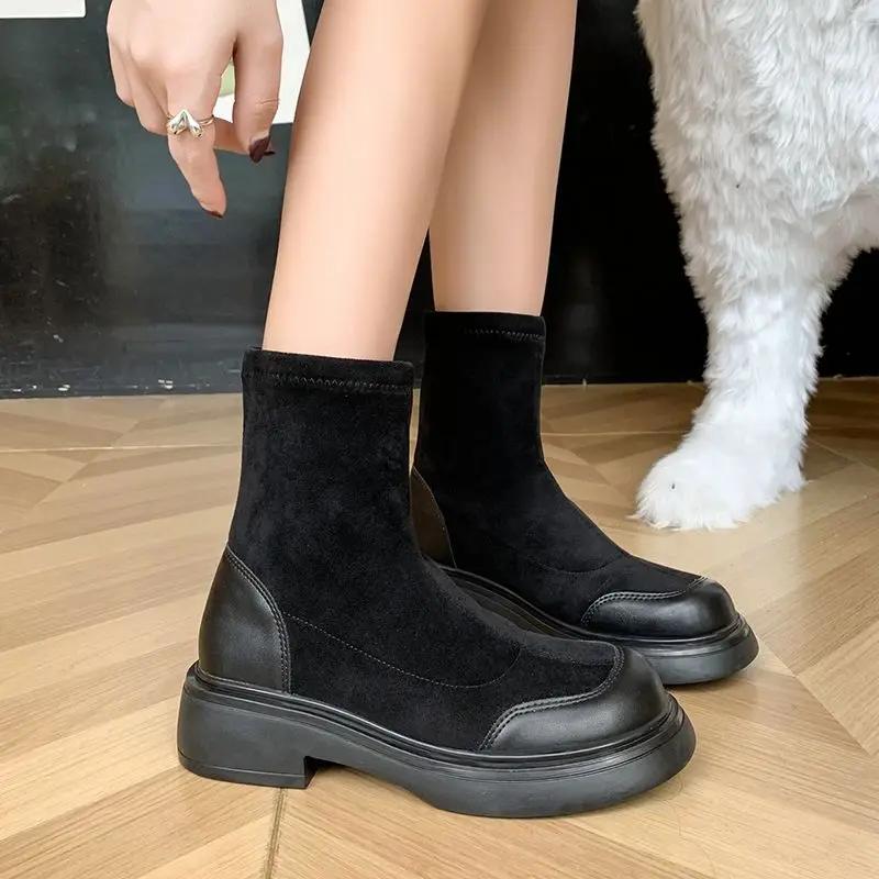 Fashion Booties Round Toe Female Short Shoes Chunky Combat Platform Women's Ankle Boots Punk Style Suede Y2k Sale on Offer Promotion Pu